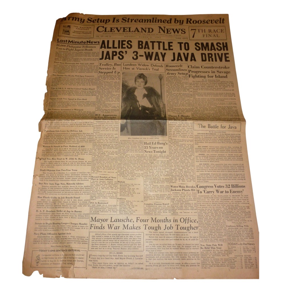 Vintage 1942 Cleveland News Newspaper WWII Battle of Java Philippine Moros FDR